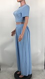 Solid Short Sleeve Crop Tops Wide Leg Pants Suit XMY-9411