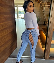 Summer Streetwear Mid Waist Bandage Skinny Jeans LX-6950