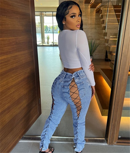 Summer Streetwear Mid Waist Bandage Skinny Jeans LX-6950