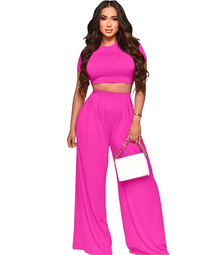 Solid Short Sleeve Crop Tops Wide Leg Pants Suit XMY-9411