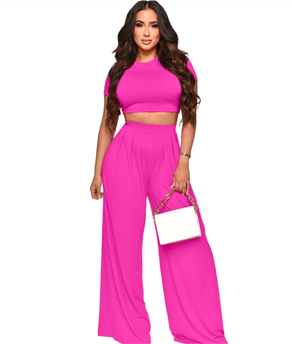 Solid Short Sleeve Crop Tops Wide Leg Pants Suit XMY-9411