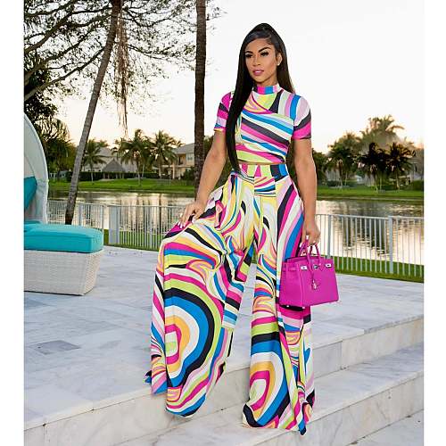 Printing Short Sleeve T Shirt Loose Wide Leg Pants Outfits XMY-9405
