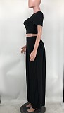 Solid Short Sleeve Crop Tops Wide Leg Pants Suit XMY-9411
