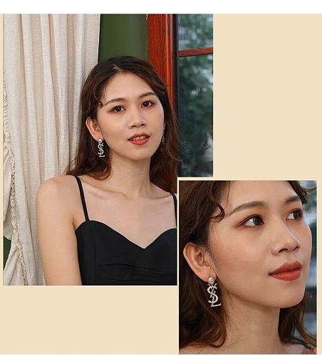 925 Silver Needle Rhinestone Letter Earrings RS-0036