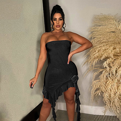 Solid Strapless irregular Ruffle Hem Sexy Short Dresses YF-10475