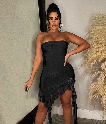 Solid Strapless irregular Ruffle Hem Sexy Short Dresses YF-10475