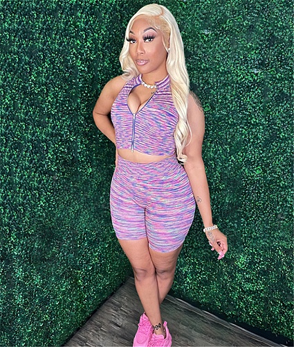 Zipper Tank Tops Bodycon Shorts Two Piece Set WDS-230440