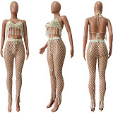 Knit Crochet Halter Bra Hollow Out Pants 2 Piece Set CM-8679