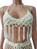 Knit Crochet Halter Bra Hollow Out Pants 2 Piece Set CM-8679