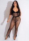Knit Crochet Halter Bra Hollow Out Pants 2 Piece Set CM-8679