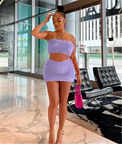 Plush Strapless Tube Crop Tops Mini Skirt 2 Pcs Sets FOS-8355