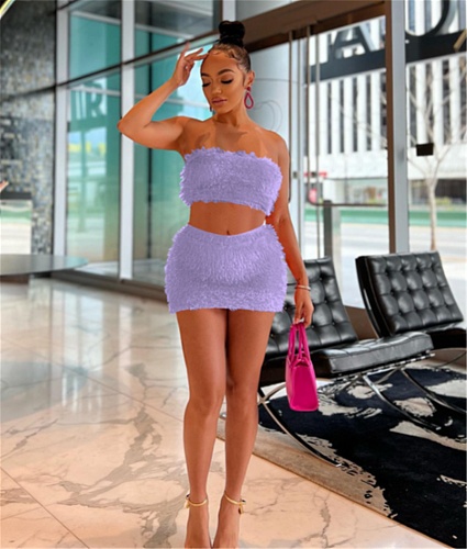Plush Strapless Tube Crop Tops Mini Skirt 2 Pcs Sets FOS-8355