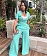 Deep V Neck Short Sleeve with belt Wide Leg Jumpsuit YIM-330