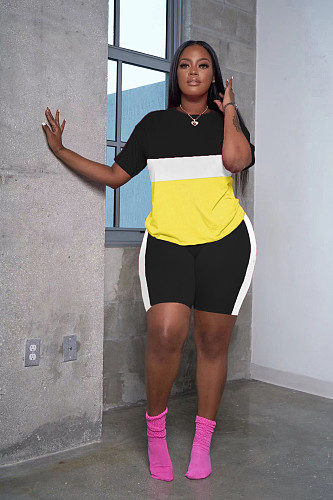 Color Block Patchwork T-shirts Shorts Two Piece Set LM-8358