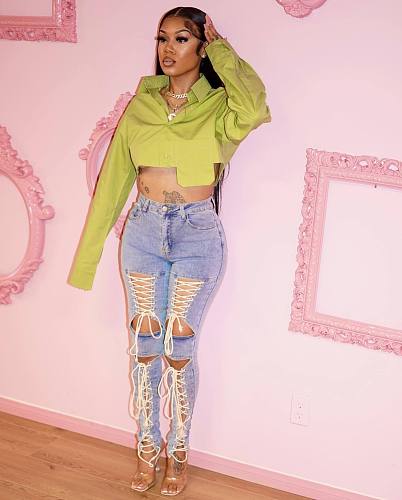 Mid Waist Cut Out Bandage Denim Pencil Pants LA-3337