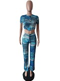 Chic Print Irregular Crop Tops Straight Pants Suit MEM-88487