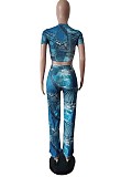 Chic Print Irregular Crop Tops Straight Pants Suit MEM-88487