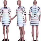 Striped Print Short Sleeve Loose Casual Short Dresses ORY-5095-1