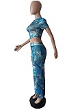 Chic Print Irregular Crop Tops Straight Pants Suit MEM-88487