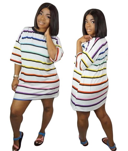 Striped Print Short Sleeve Loose Casual Short Dresses ORY-5095-1