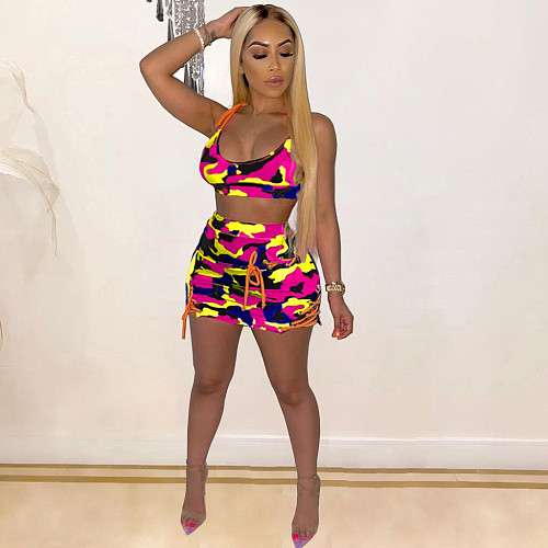 Camo Print Spaghetti Straps Crop Tops Skirt Sets MAE-2175
