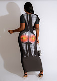 Digital Print Short Sleeve Round Neck Maxi Dresses TE-4619