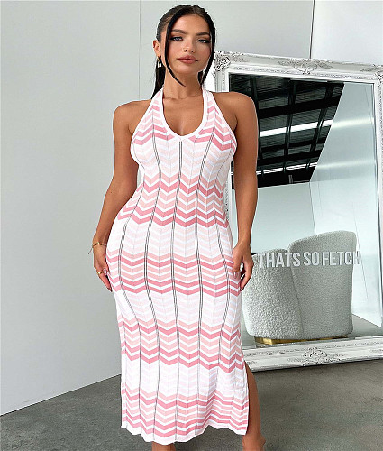 Geometric Knitting Halter Backless Side Slit Maxi Dress OYW-21147