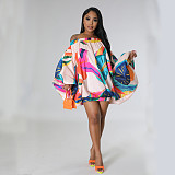 Floral Print Off Shoulder Bat Sleeve Loose Dresses SFY-2318