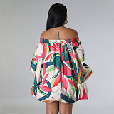 Floral Print Off Shoulder Bat Sleeve Loose Dresses SFY-2318