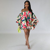 Floral Print Off Shoulder Bat Sleeve Loose Dresses SFY-2318