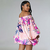 Floral Print Off Shoulder Bat Sleeve Loose Dresses SFY-2318