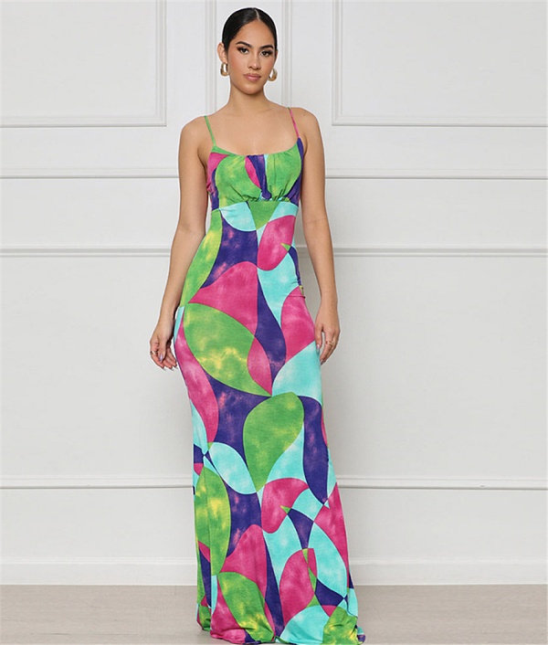 Summer Printing Spaghetti Strap Backless Maxi Dress FSX-522
