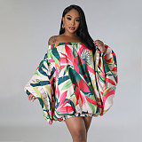Floral Print Off Shoulder Bat Sleeve Loose Dresses SFY-2318