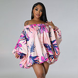 Floral Print Off Shoulder Bat Sleeve Loose Dresses SFY-2318