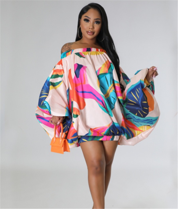 Floral Print Off Shoulder Bat Sleeve Loose Dresses SFY-2318