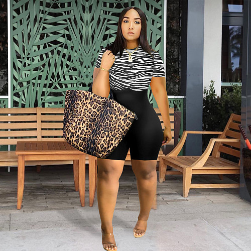 Leopard Print Short Sleeve Bodycon Plus Size Romper WA-77553