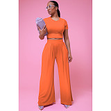 Solid Color Short Sleeve T Shirt Wide Leg Pants Outfits FOS-8361