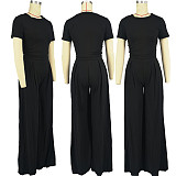 Solid Color Short Sleeve T Shirt Wide Leg Pants Outfits FOS-8361