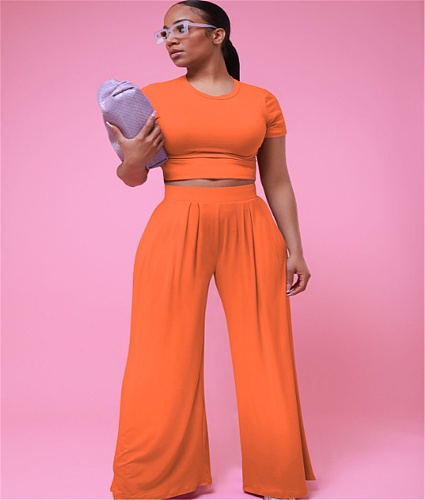Solid Color Short Sleeve T Shirt Wide Leg Pants Outfits FOS-8361