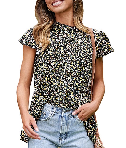 Summer Floral Print Ruffle Short Sleeve Tops SHD-9414