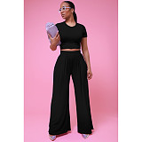 Solid Color Short Sleeve T Shirt Wide Leg Pants Outfits FOS-8361