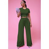 Solid Color Short Sleeve T Shirt Wide Leg Pants Outfits FOS-8361