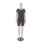 Solid Color V Neck Short Sleeve T-shirts Shorts Set SHD-9411