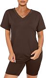 Solid Color V Neck Short Sleeve T-shirts Shorts Set SHD-9411
