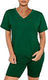 Solid Color V Neck Short Sleeve T-shirts Shorts Set SHD-9411