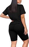 Solid Color V Neck Short Sleeve T-shirts Shorts Set SHD-9411