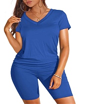 Solid Color V Neck Short Sleeve T-shirts Shorts Set SHD-9411