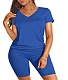 Solid Color V Neck Short Sleeve T-shirts Shorts Set SHD-9411