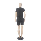 Solid Color V Neck Short Sleeve T-shirts Shorts Set SHD-9411