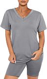 Solid Color V Neck Short Sleeve T-shirts Shorts Set SHD-9411